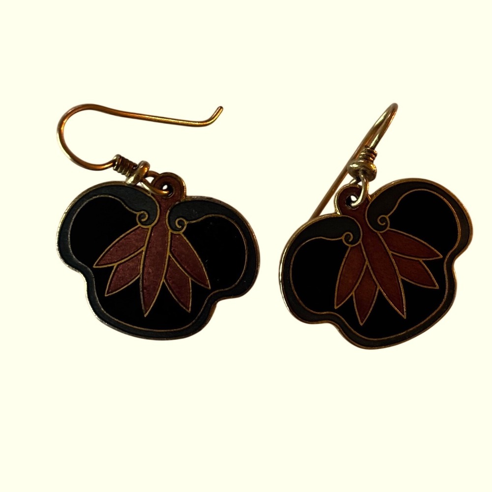 Laurel Burch Earrings Black Vintage Cloisonne Enamel Boho‎ Dangle Drop